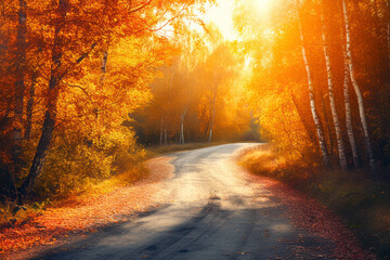 Obraz premium Autumn, fall scene. Autumnal landscape with empty countryside road and colored trees. Sun shining through the trees.