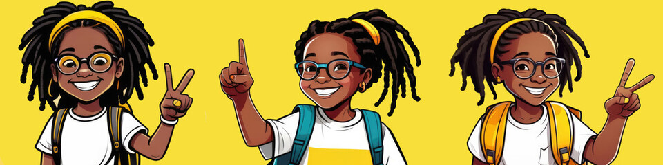 three happy African girls in glasses, white T-shirts with backpacks. three schoolgirl legs on a yellow background.