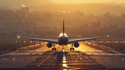 Captivating image of an airplane landing at sunset with city skyline, depicting travel and adventure. Perfect for commercial use. - obrazy, fototapety, plakaty