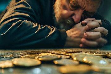 Person overwhelmed amidst scattered coins, conveying financial stress or despair, ideal for economic themes. - obrazy, fototapety, plakaty