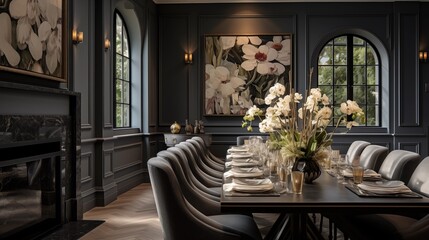 Fototapeta na wymiar Include artwork or framed mirrors on the walls to elevate the formal dining room's aesthetic and create a sense of opulencear