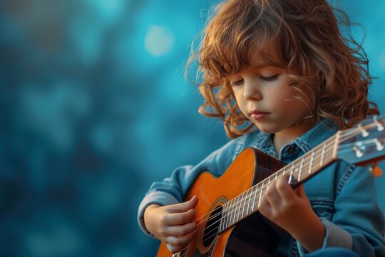 Inspiring image of a focused child playing guitar with a dreamy blue backdrop. Perfect for music and education themes.