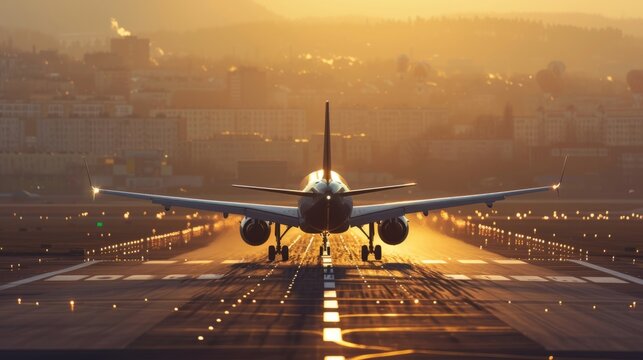 Captivating image of an airplane landing at sunset with city skyline, depicting travel and adventure. Perfect for commercial use.