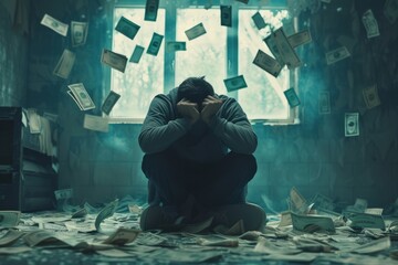 Conceptual image of distressed person with falling money in gloomy room, symbolizing financial overwhelm or crisis.