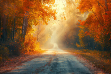 Obraz premium Autumn, fall scene. Autumnal landscape with empty countryside road and colored trees. Sun shining through the trees.