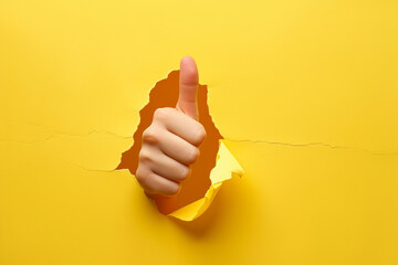 Thumbs up gesture from a hole in paper. Background with selective focus and copy space