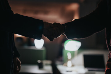 Two businesspeople shaking hands in meeting room ambiance.