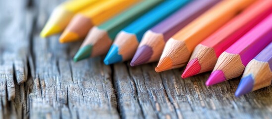 Pastel color pencils on wood desk welcome you to kindergarten for education or school. - obrazy, fototapety, plakaty