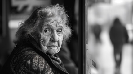Waiting in Thought - Elderly Woman by Window in Black and White - Generative AI