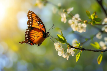 Butterfly on spring blooming fruit trees. Background with selective focus and copy space