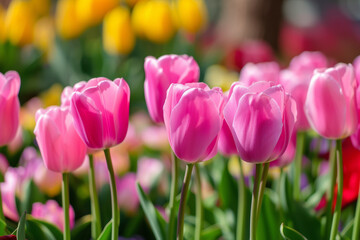 Spring tulips of the same color. Background with selective focus and copy space