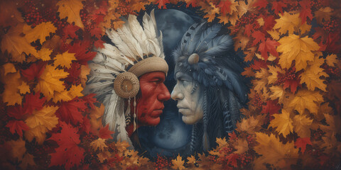portrait of two Native American Indians wearing traditional regalia looking at each other - obrazy, fototapety, plakaty