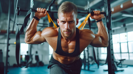 Dedicated Male Athlete Executing Resistance Band Training in Gym: Intense Workout Focus, Strength and Determination