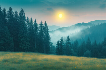 Naklejka na ściany i meble Fir trees on meadow between hillsides with conifer forest in fog with sun and moon at twilight. day and night time change concept.