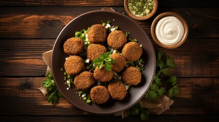 Obraz na płótnie Canvas Top View of a Delicious Plate of Falafels on a Wooden Table