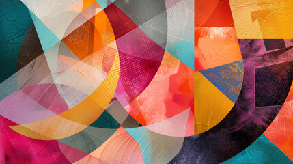 Abstract digital collage with overlapping layers of textured paper, geometric shapes, and vibrant colors