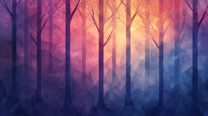 Obraz premium Abstract forest scene with stylized, geometric trees and a gradient of magical, twilight colors