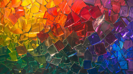 Abstract mosaic of shattered glass pieces reflecting a spectrum of rainbow colors