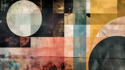Collage of vintage and modern textures overlaid with abstract geometric shapes