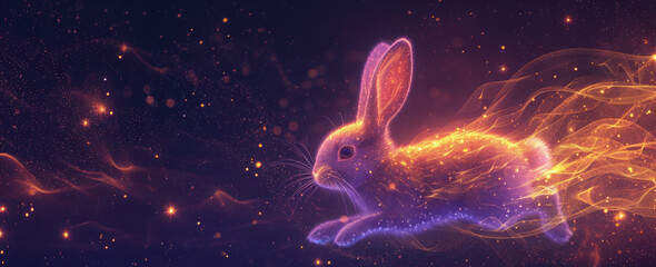 Easter bunny in shining neon lights. Sparkling banner with glitter particles and starry cosmic dust among the twinkling stars. Futuristic style, copy space. Generative AI