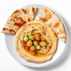 Top View of a Delicious Plate of Hummus with Pita on a White Background