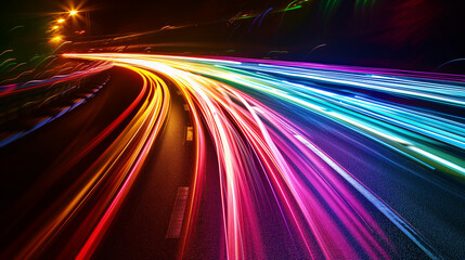 Streaks of multicolored light against a dark background, simulating a long exposure of city lights
