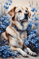 Dog sitting amidst a cluster of blue flowers hyper-realistic watercolor style Ai Generative Art