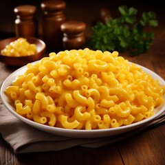 Side View of Delicious Plate of Italian Macaroni and Cheese on a Wooden Table