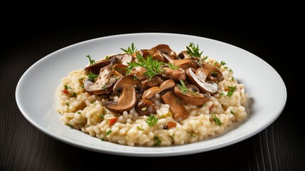 Side View of a Delicious Plate of Italian Mushroom Risotto on a Black Background