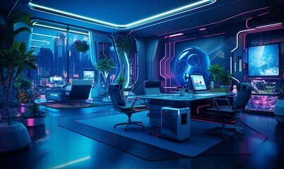 Neon futuristic office background. Cyber 3d blank reception room with purple furniture and glowing monitors for work and games with windows overlooking futuristic metropolis - obrazy, fototapety, plakaty