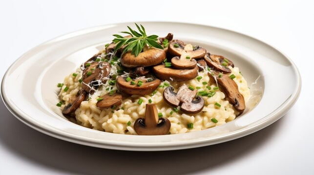 Photo of a Delicious Plate of Italian Mushroom Risotto on a White Background