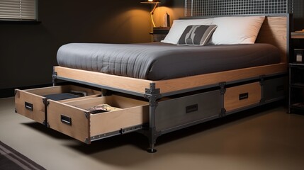 Incorporate a platform bed with storage drawers for a practical and space-saving solution in the industrial bedroomar