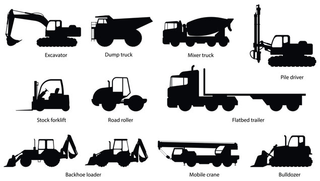 Set of Construction machines. Heavy machinery for Excavator, Dump, truck, Mixer, truck, Pile, driver, Stock, forklift, Road, roller, Flatbed, trailer, Backhoe, loader, Mobile, crane, Bulldozer. Eps 10