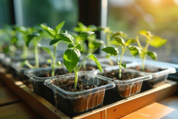 Spring seedlings in trays. Backdrop with selective focus and copy space