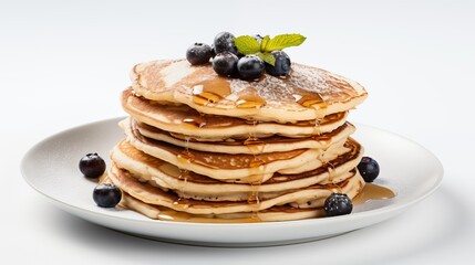 Side View of a Delicious Plate of Pancakes with Blueberriesand Syrup on a White Background