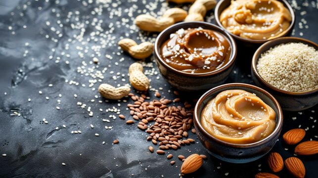 Peanut butter in bowl with sesame seeds on black background.