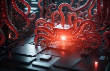 Monster  virus on a computer circuit board. 3d rendering