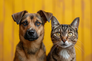 dog and cat on yellow background isolated on grey