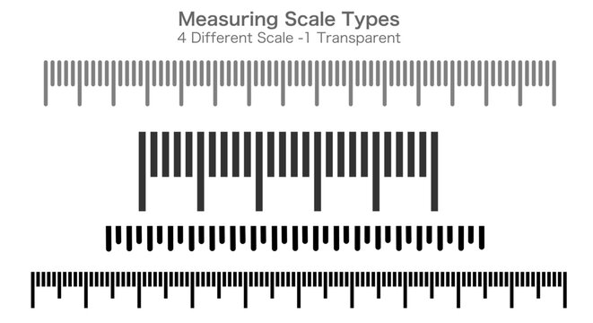 Measuring ruler scale types, set.  Four different ruler, meter, inch. Comparing quantities. Distance, repeatable. Transparent black white ruler, measure baseline. Math, geometry. Vector illustration
