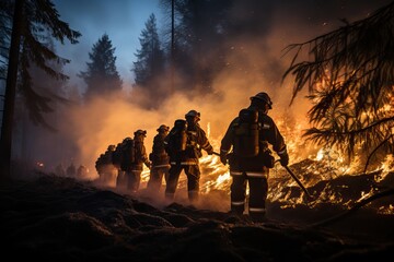 A group of firefighters is extinguishing the flames in the forest, a large-scale forest fire.