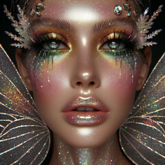 face adorned with iridescent, glittery makeup giving off a fantastical, ethereal vibe.