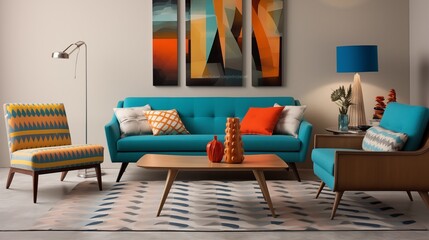 Incorporate bold patterns in rugs, throw pillows, and wall art, reflecting the vibrant and playful aesthetic characteristic of mid-century modern designar