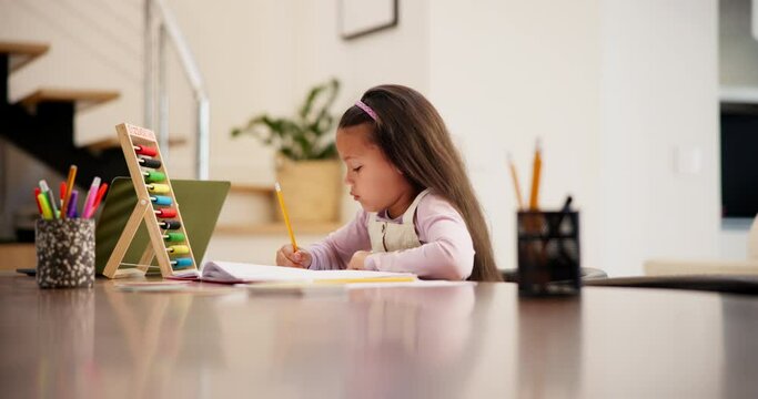 Home learning, math education or girl in kindergarten studying for knowledge or student growth. Abacus, child development or smart kid writing or counting numbers for mathematics or test in book