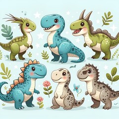 Cute cartoon dinosaurs in different poses. Illustration for children. 
