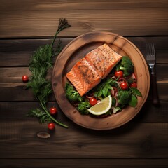 top view of a delicious plate of salmon on a wooden table