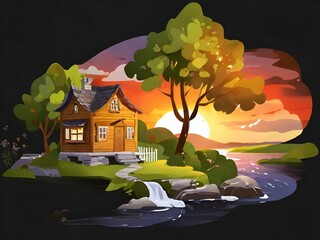 landscape illustration with trees and house near river