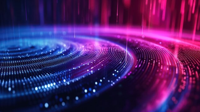Vibrant neon wave lights on a circular soundwave background, futuristic RGB wallpaper.
