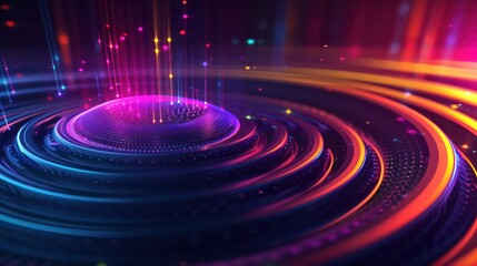 Fototapeta na wymiar Circular soundwave background, featuring a futuristic RGB wallpaper with vibrant neon wave lights.