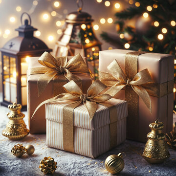 three wrapped presents sitting on a table with lights in the background, a stock photo . Menges, pixabay contest winner, incoherents, contest winner, stockphoto, white background