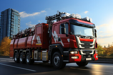 A red fire truck with headlights and flashing lights is driving through the city.